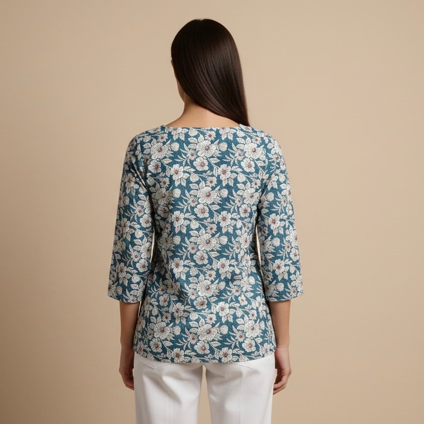 Blue Floral Printed Cotton Kurti - Image 3