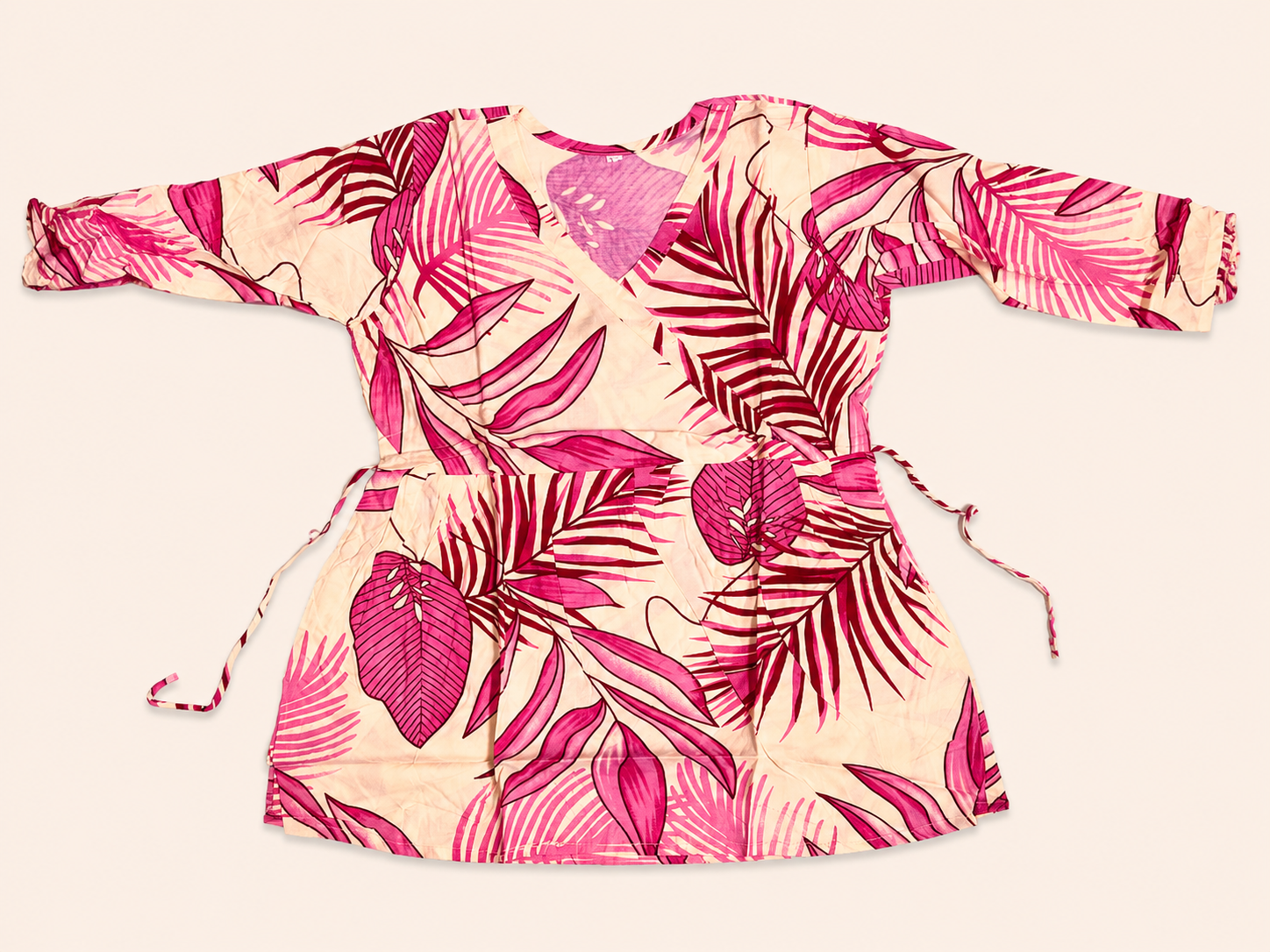 Women Pink Tropical Leaf Printed Wrap Peplum Top.