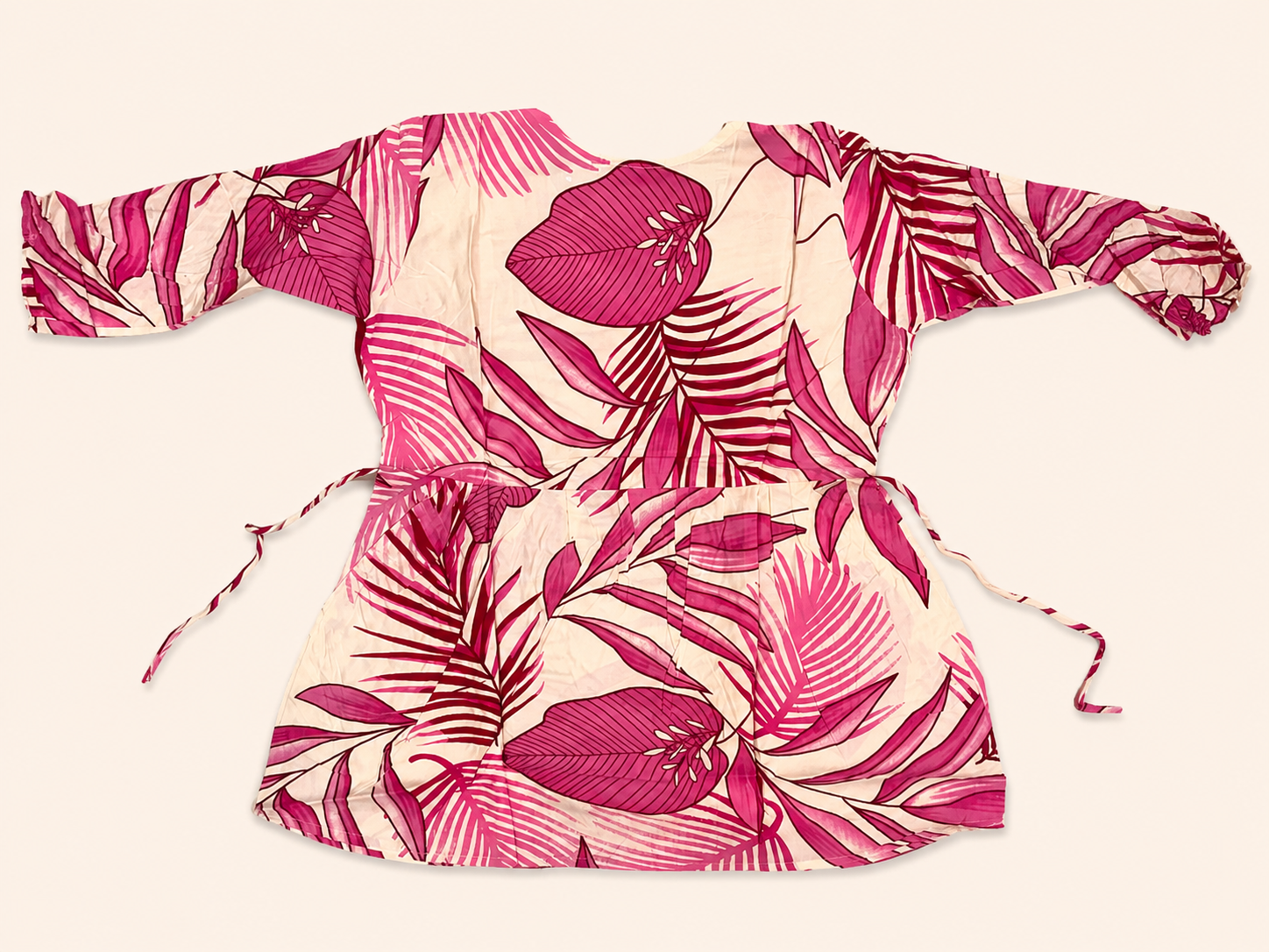 Women Pink Tropical Leaf Printed Wrap Peplum Top. - Image 2
